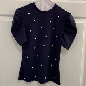 Women’s Elegant Pearl Embellished Puff Sleeve Top Size Medium